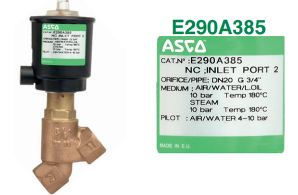 ASCO solenoid valve E290A385 product label